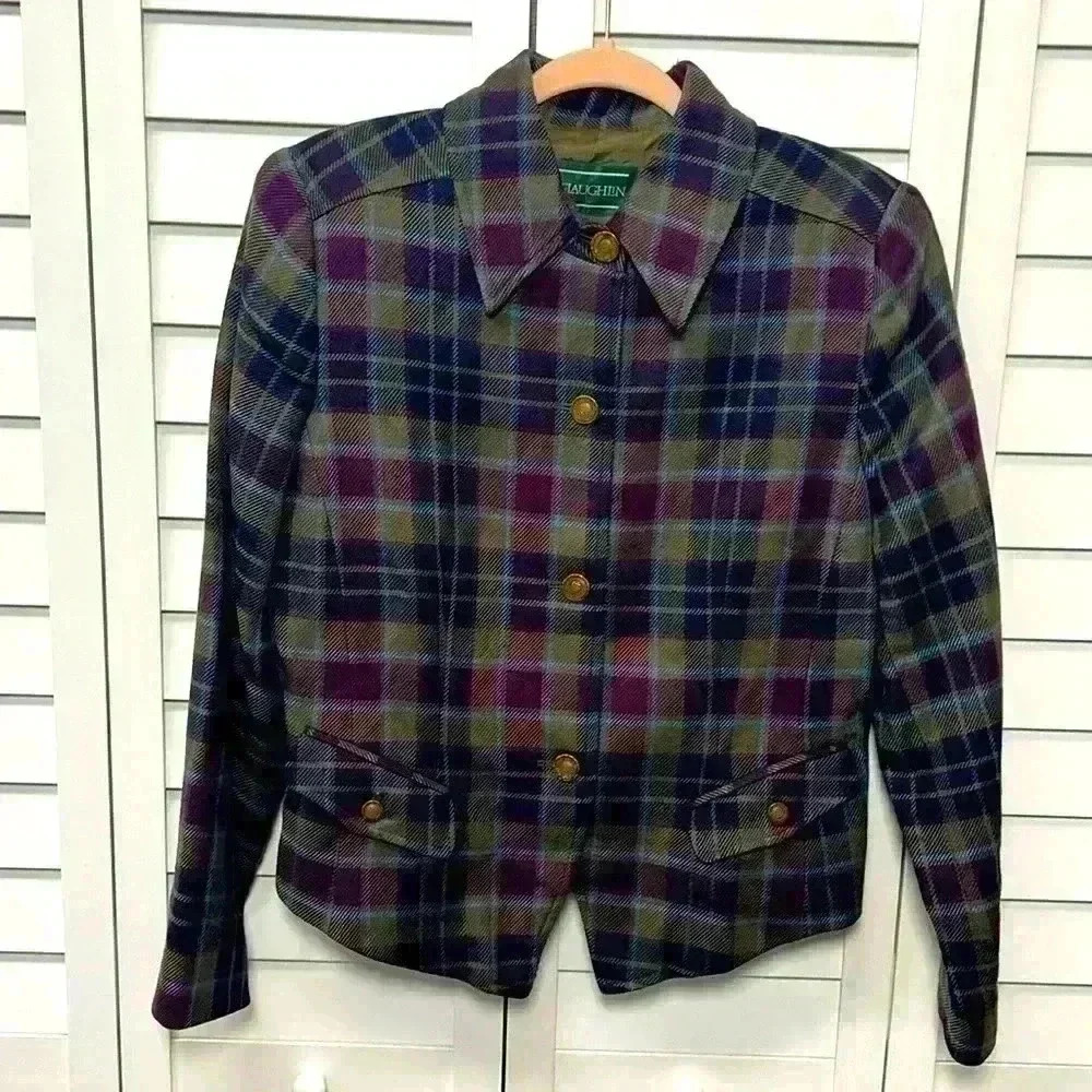 J. McLaughlin Plaid Wool Blend Blazer in Purple, Green, Navy